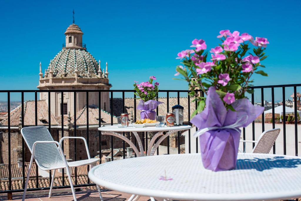 a table and chairs with flowers on a balcony at Hotel Molinos in Granada