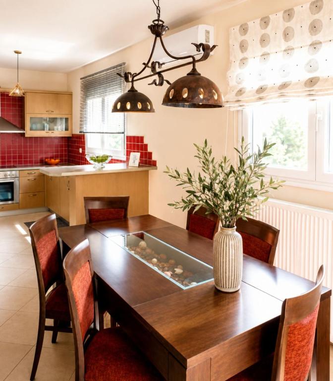 a kitchen and dining room with a wooden table and chairs at Holiday Lefkas Moonlight Luxury Appartments in Nikiana