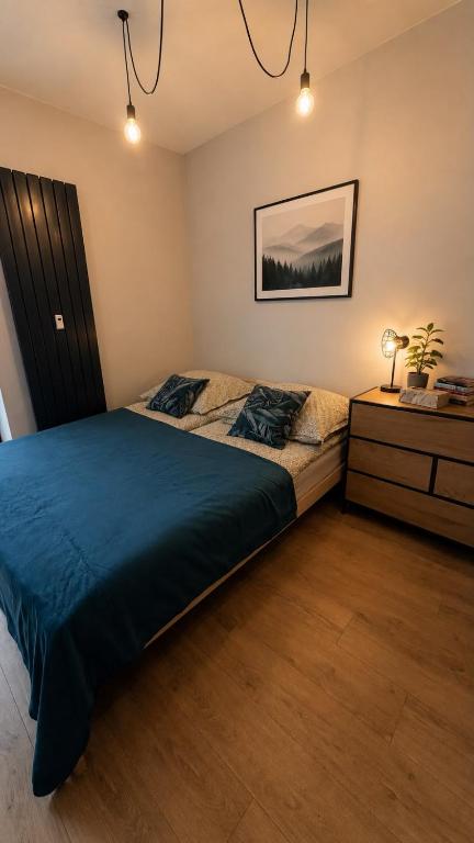 a bedroom with a large bed and a dresser at Nad Jeziorem dla przyjaciół Apartament in Serock