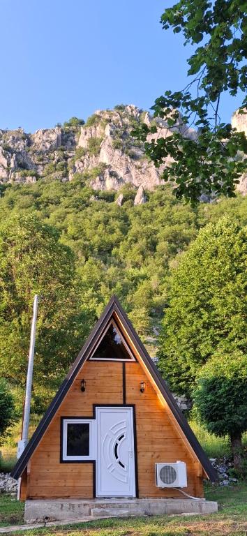a small house with a door and a mountain at Gnijezdo ispod greda in Šavnik