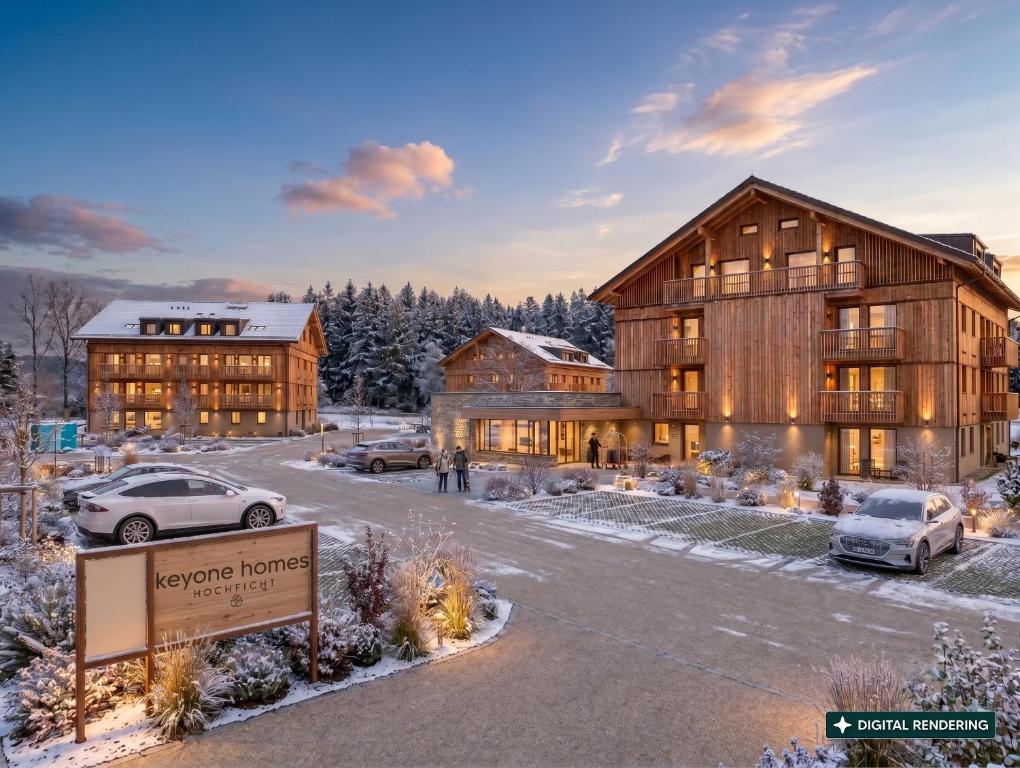 a rendering of a lodge with cars parked outside of it at keyone homes Hochficht in Ulrichsberg