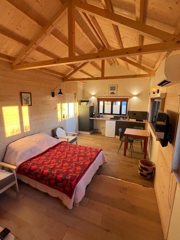 a bedroom with a large bed in a room at La Cabane - Studio à la campagne avec Clim - Annecy 15 min in Marcellaz-Albanais