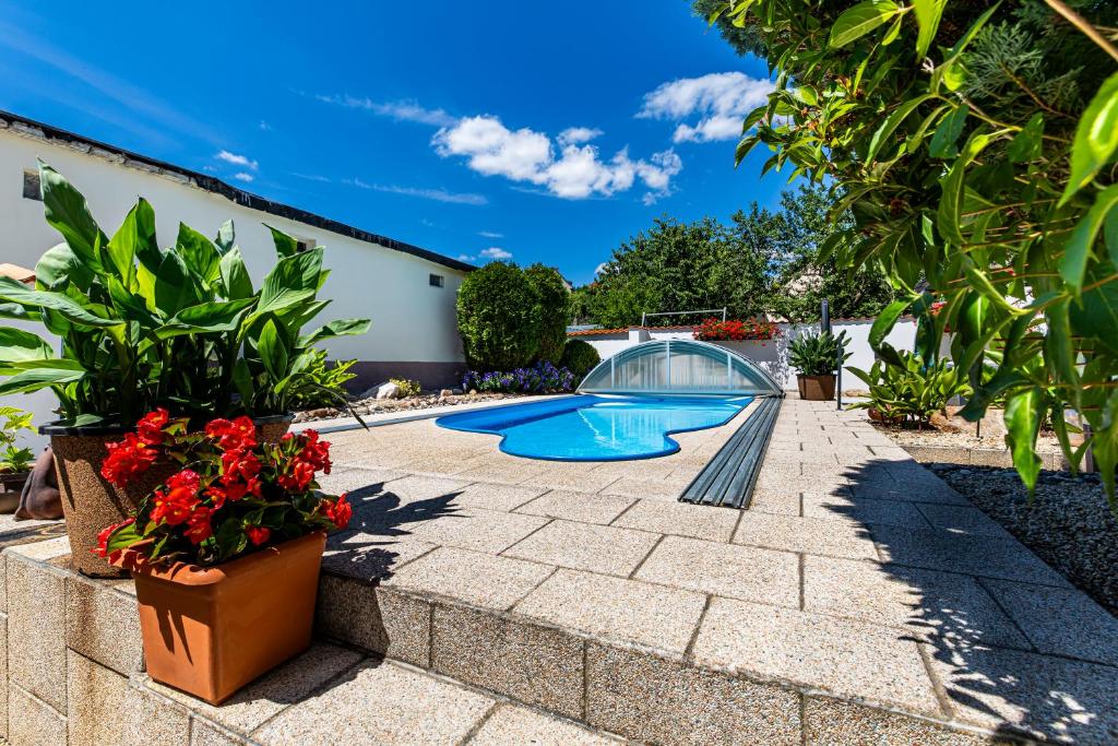 a swimming pool in a yard with plants at Jaroslav Ambrož Elvomont Chlum u Třeboně in Chlum u Třeboně