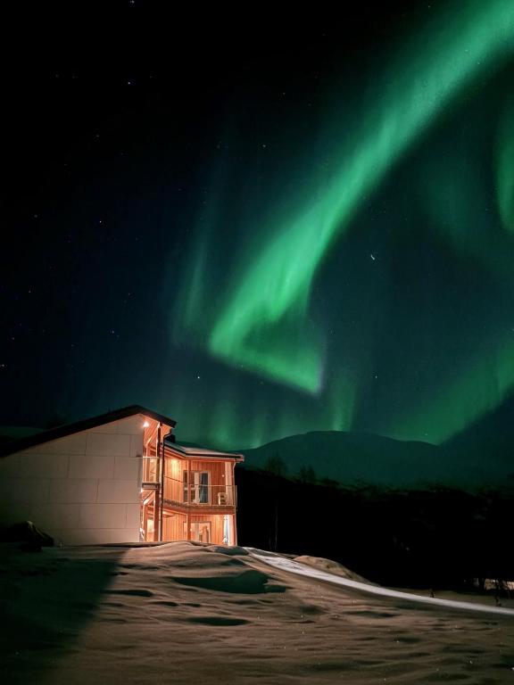 a house under the aurora in the sky at Modern house secluded in nature in Storbukt