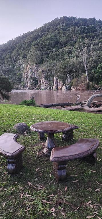 two picnic tables sitting in the grass near a river at Mackenzies Accommodation in East London