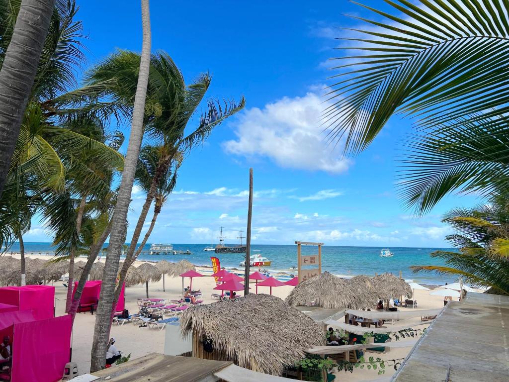a beach with palm trees and chairs and the ocean at PALM BREEZE VILLAS and SUITES at LOS CORALES in Punta Cana