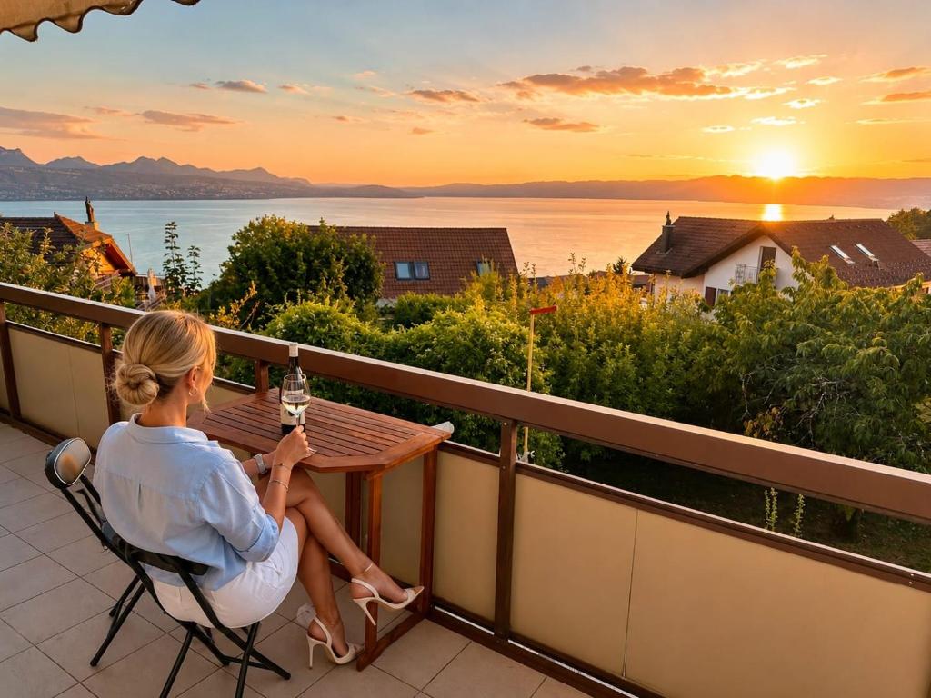 a woman sitting at a table on a balcony watching the sunset at Villa Lake View in Grandvaux