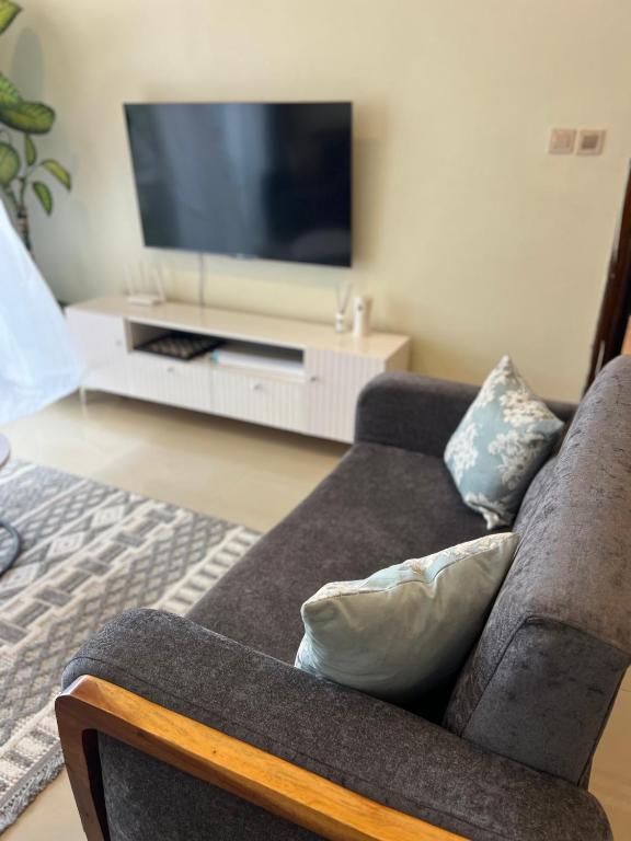 a living room with a couch and a tv at Hanik Homes in Kampala