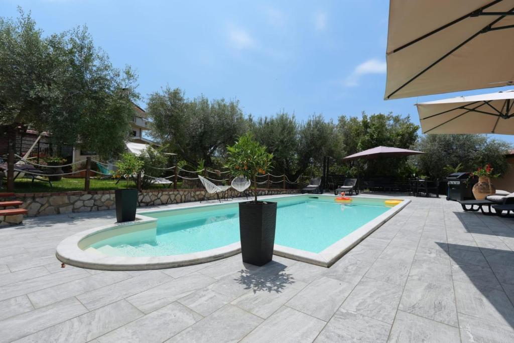 a swimming pool in a patio with an umbrella at B&B Marino in Grisolia