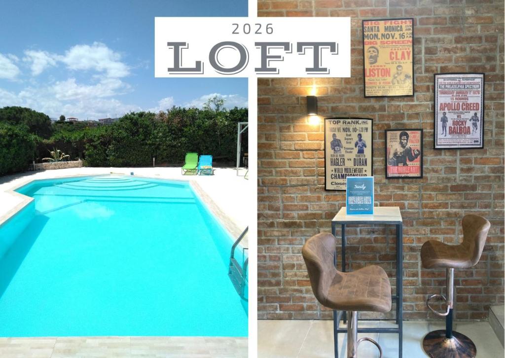 two pictures of a swimming pool and a sign that says lost at Loft - Villa Flore apartments in villa in Casteldaccia