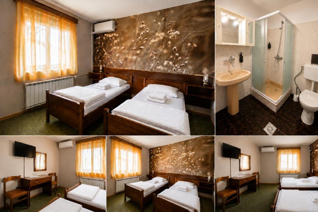 a room with two beds and a sink and a bathroom at Picikato Rooms in Krapina
