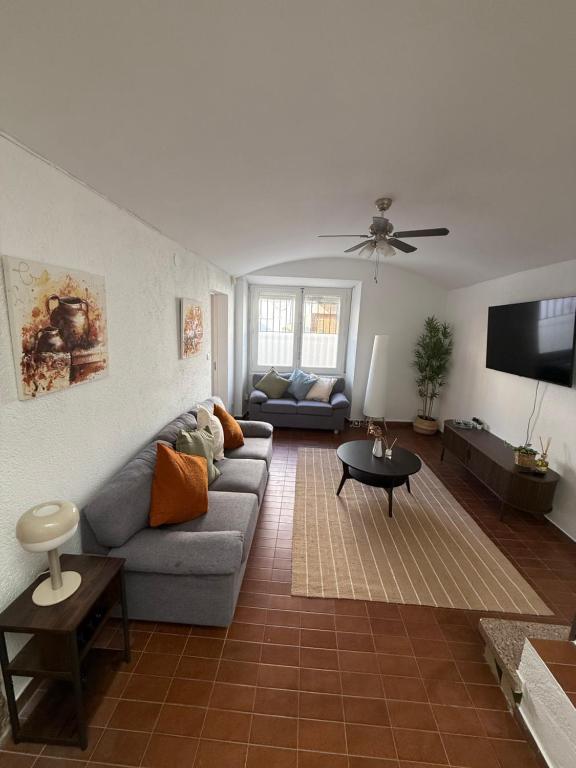 a living room with a couch and a flat screen tv at Casa con encanto en Darnius in Darnius
