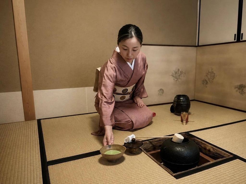 a woman kneeling on the floor with a bowl of food at Ryokan Tori in Kyoto