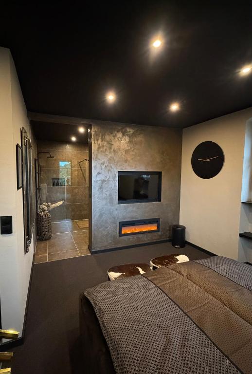 a bedroom with a bed and a bathroom with a shower at 4 Rooms Pixel A in Herzebrock