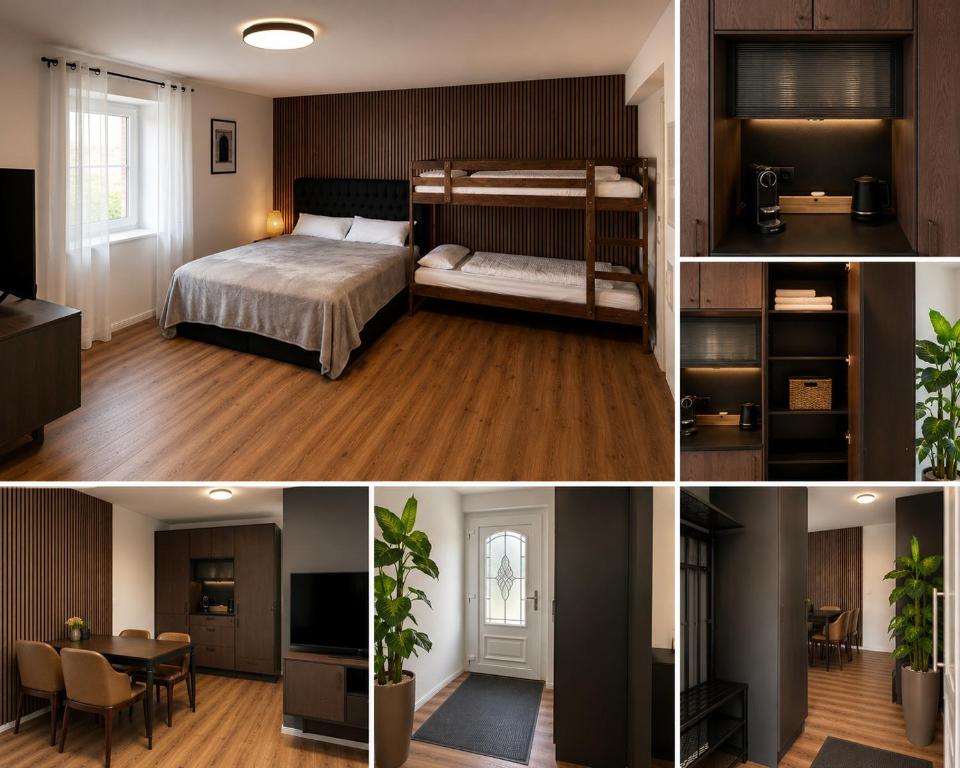 a room with a bed and a dining room at Artha Apartments Rust - Europa-Park in Rust