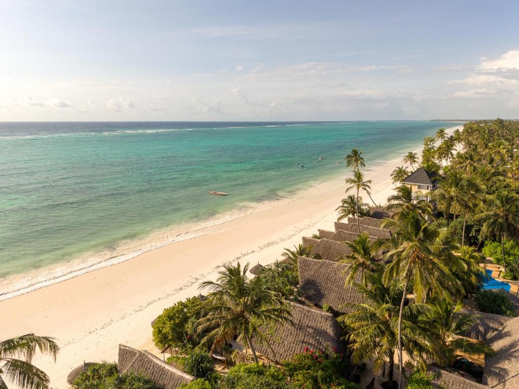an aerial view of a beach with palm trees and the ocean at Zanzibar Sunrise at Bandas in Matemwe