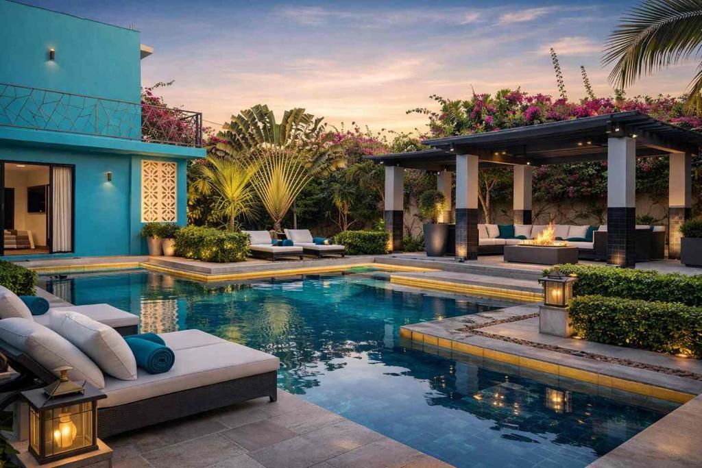 a swimming pool in the middle of a house at Prestige Majorelle Résidence Prestige Majorelle in Ngaparou