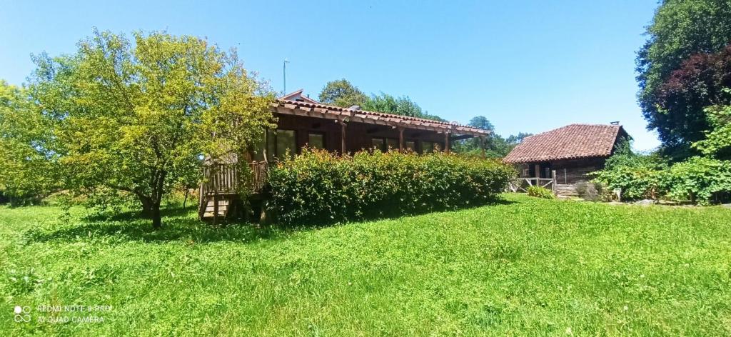 a house in the middle of a green field at Cabaña del Molinero in Palas de Rei