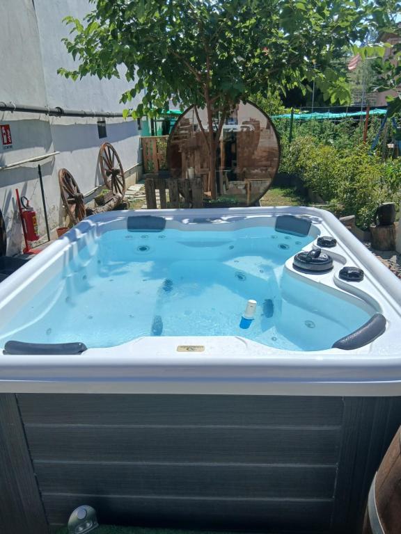 a hot tub in a backyard with a tree at CASA APPARTAMENTO VACANZE La fermata delle rondini in Castello di Annone