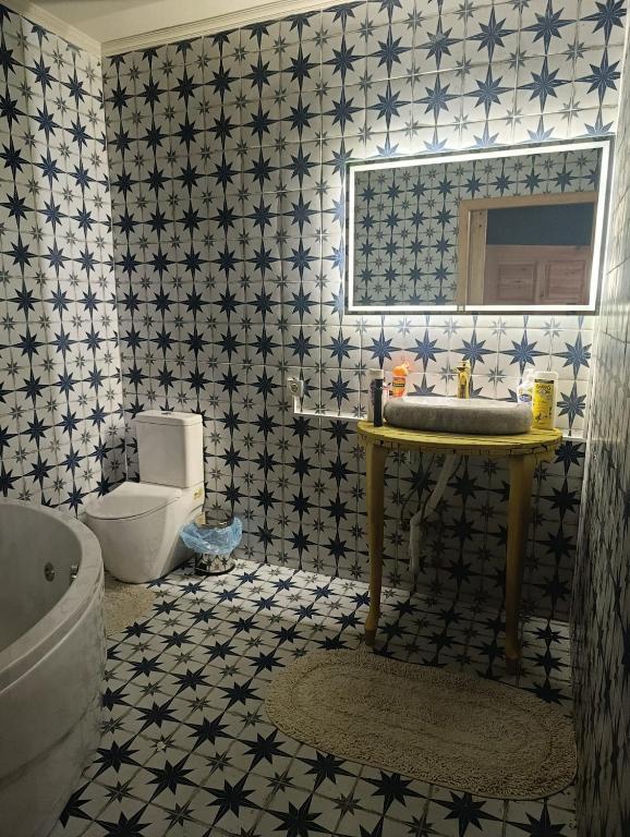 a bathroom with a sink and a toilet and a mirror at Menekşe Sultan Köşkü Otel Oda 2 in Burunabat