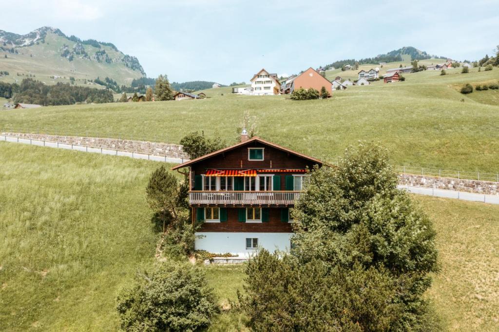 a house in the middle of a green field at Chalet Engihalde in Amden