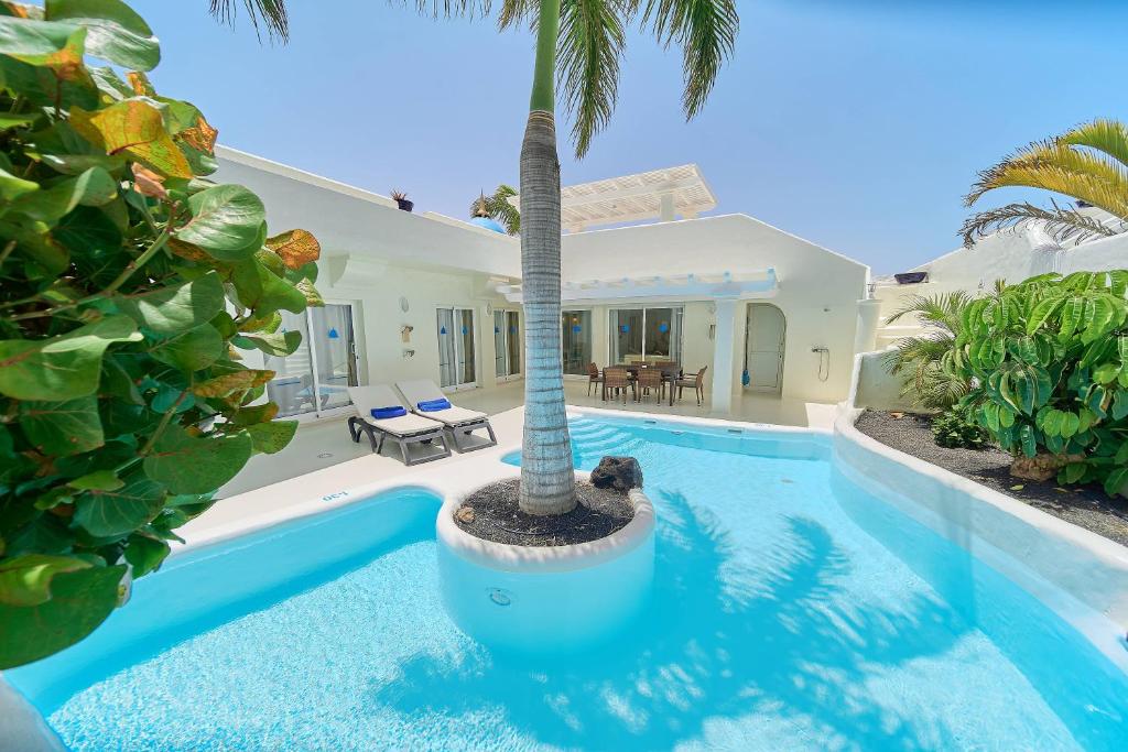 a villa with a palm tree in a swimming pool at KATIS Villas Fuerteventura in Corralejo
