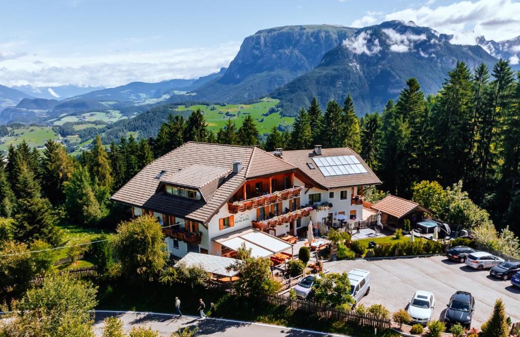 an aerial view of a house in the mountains at Hotel Wiesl in Collepietra
