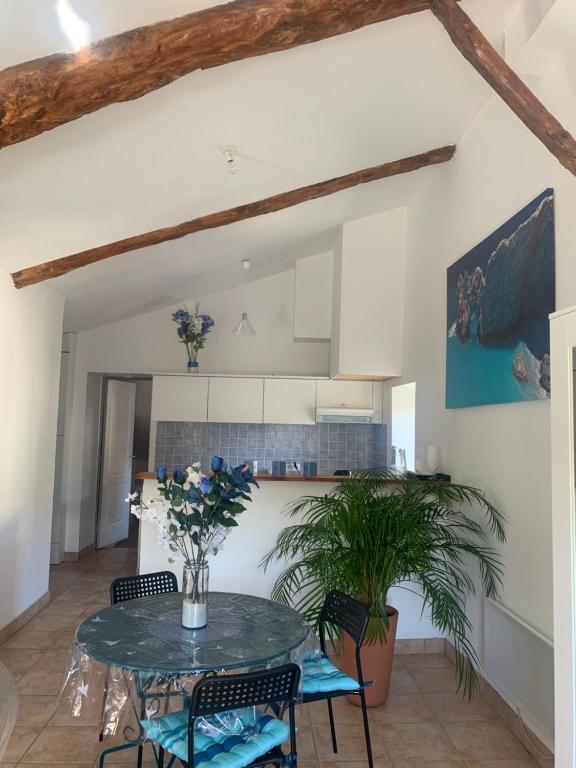 a kitchen and dining room with a table and chairs at Le bleu des toits in Lodève