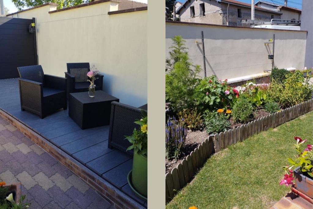 two pictures of a patio with chairs and a garden at Gîte Le Parigney, proche de la voie bleue in Igney