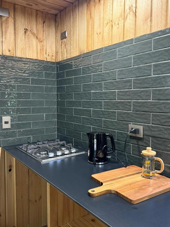 a kitchen with a stove and a counter top with a coffee maker at Cabañas Mountain Fox in Puerto Varas