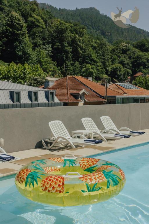 a swimming pool with a swim ring in the water at Gerês Thermae Retreat in Geres
