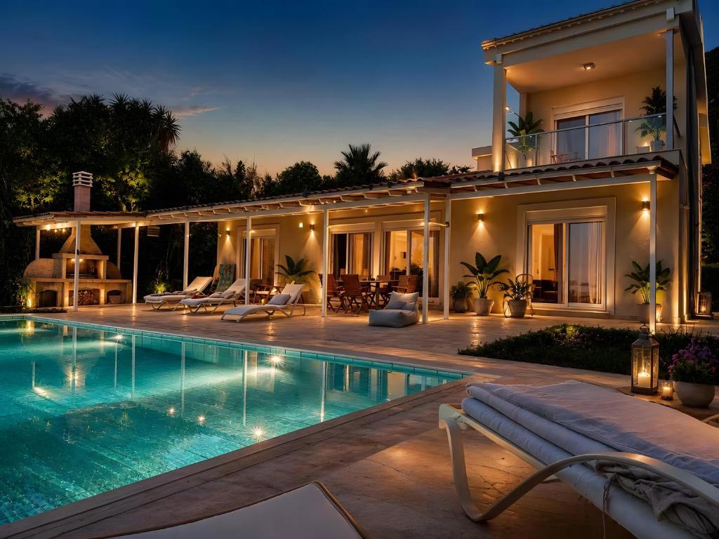 a house with a swimming pool in front of a house at Nina Apartment in Ágios Márkos