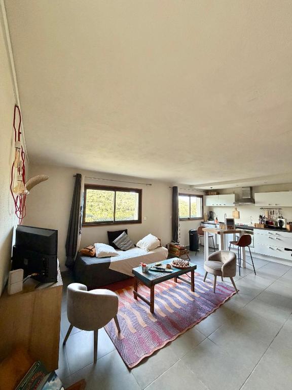 a living room with a couch and a table at T2 entre Mer et Montagnes in Porto-Vecchio