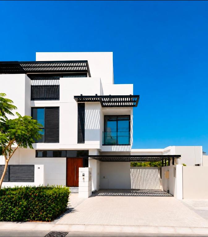 a white house with a blue sky at Ajmal Villa in Al Ḩamrīyah