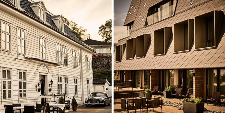 two pictures of a building with a car parked next to it at Bekkjarvik Gjestgiveri in Bekkjarvik