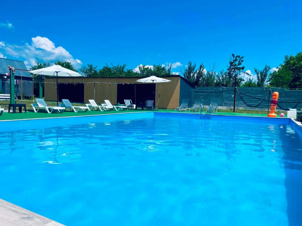 a large blue swimming pool with chairs and umbrellas at Green Village in Grigolaantkari