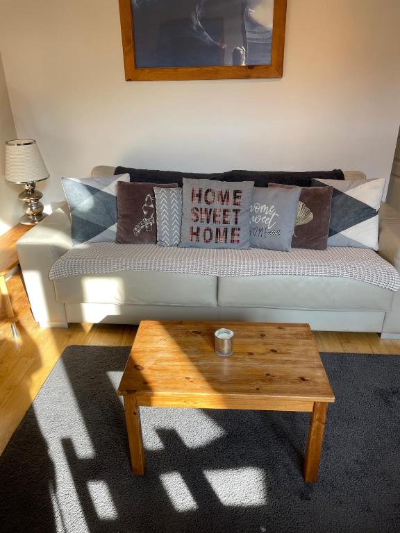 a living room with a couch and a coffee table at Tania nice chalettt garden view in Courchevel