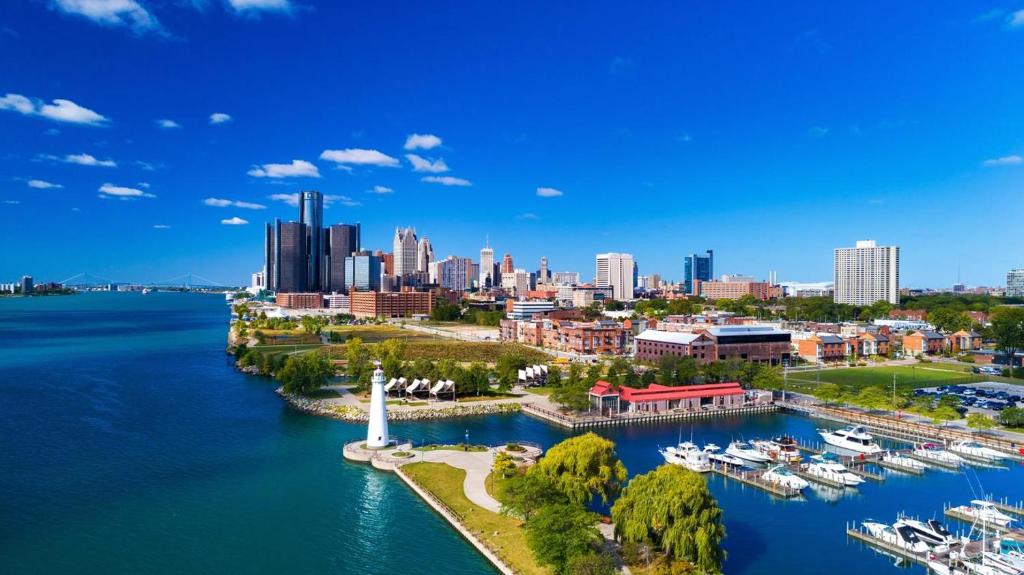 an aerial view of a city with a harbor at Trumbull and Porter - Detroit Downtown in Detroit