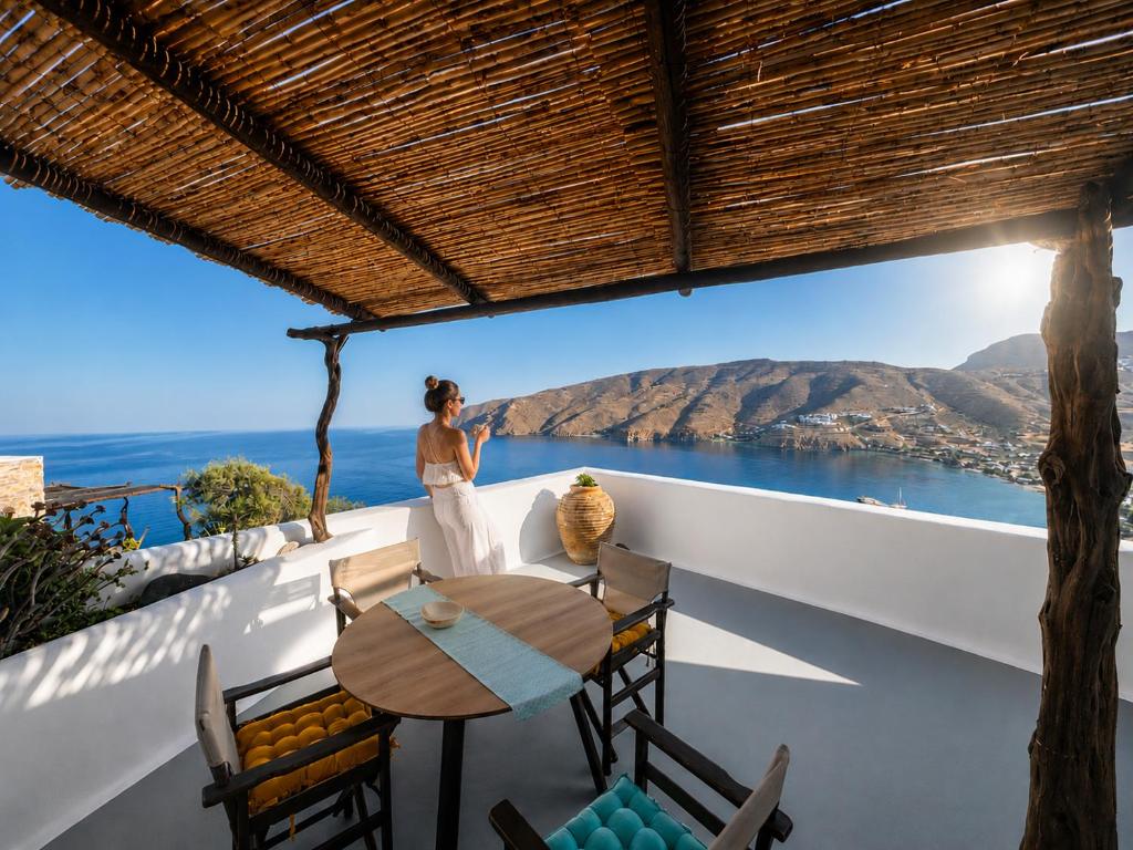 a woman standing on the balcony of a house at Uranos studios Amorgos in Amorgos