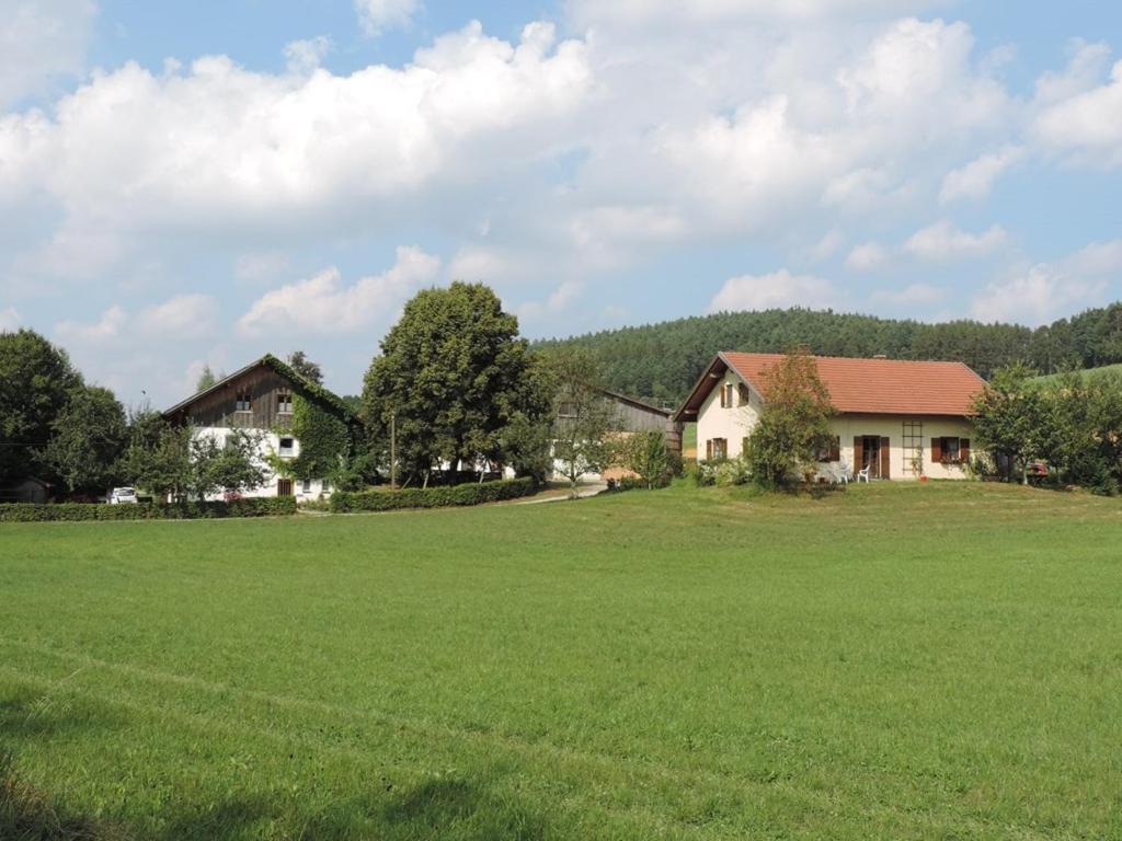 un grand champ vert avec des maisons en arrière-plan dans l'établissement Wastlhof, à Schorndorf