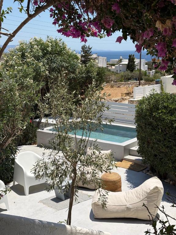 a garden with a pool and chairs and trees at LETIHOME Paros in Kampos Paros