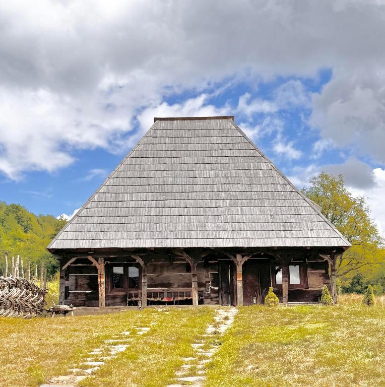 an old log cabin with a gray roof in a field at Hafia Legacy in Berbeşti