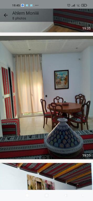 two pictures of a living room with a table and chairs at Relax in Tunis