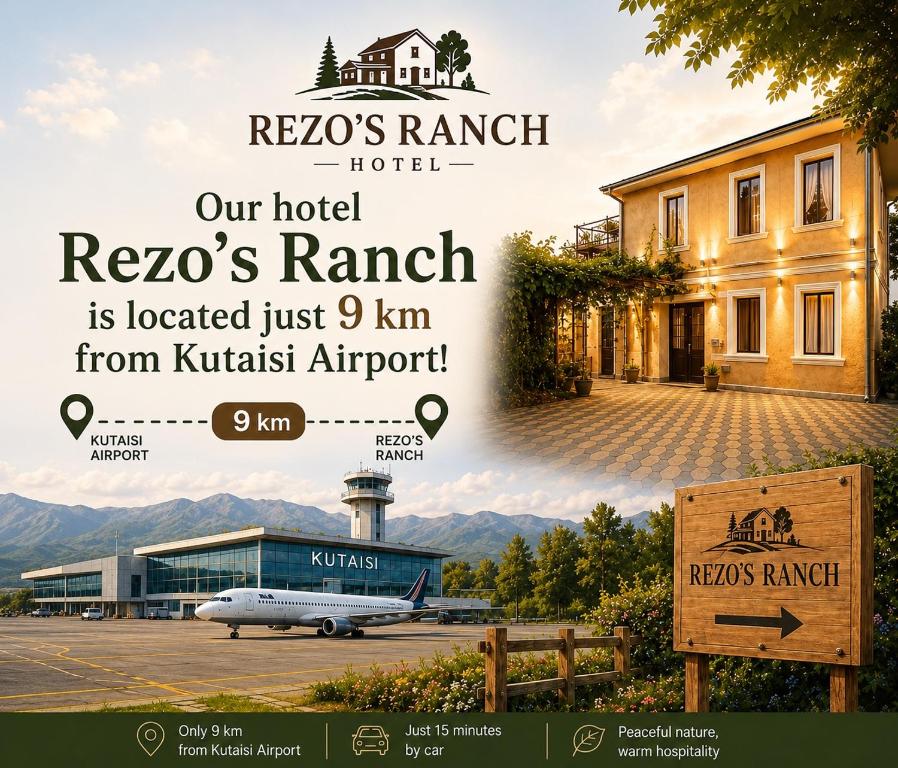 Ein Flyer für ein Hotel mit einem Gebäude und einem Flugzeug in der Unterkunft Rezo's Ranch in Samtredia