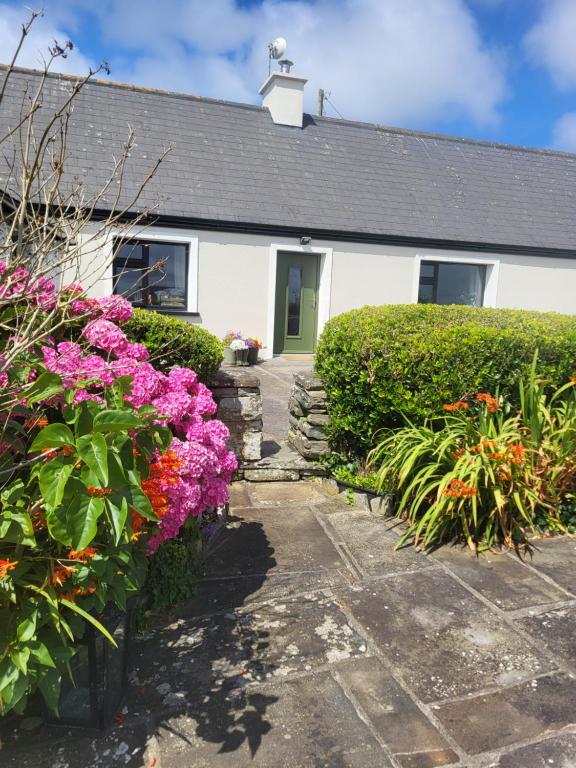 a white house with flowers in front of it at Rose Meadow Cottage in Liscannor