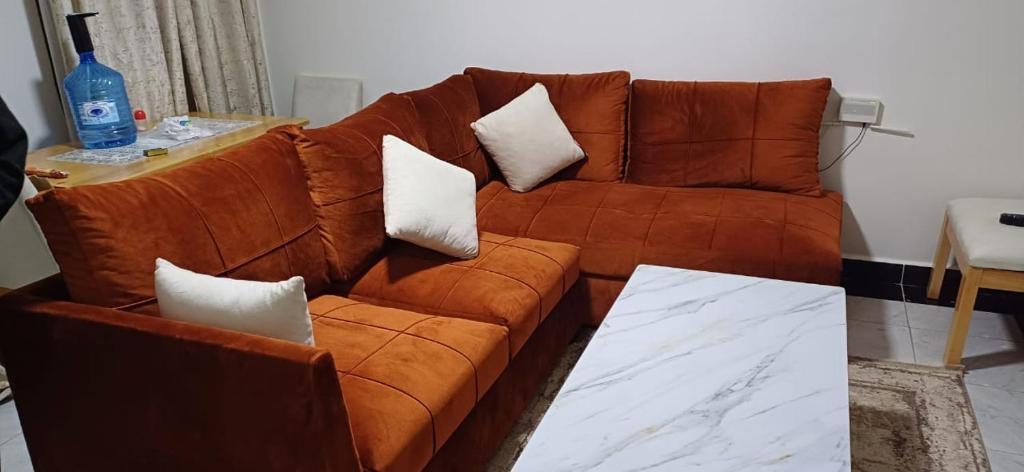 a brown couch with pillows sitting in a living room at Chateau Haven in Kakamega