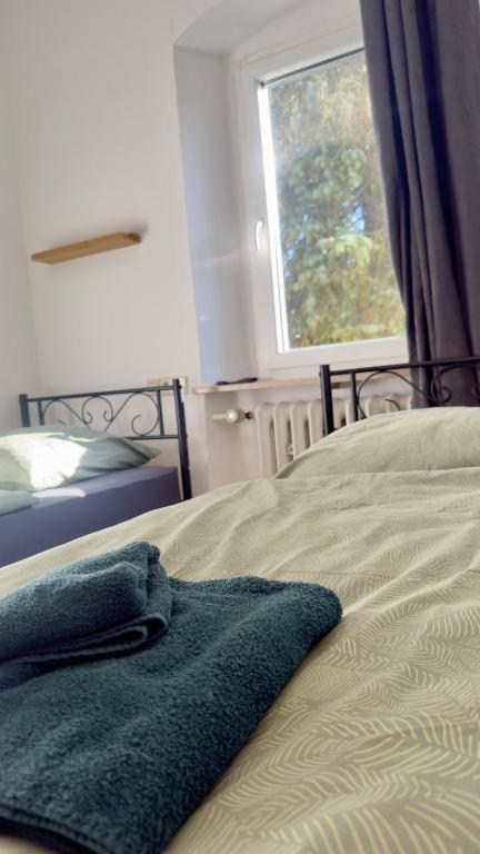a bed with a blue blanket on it with a window at Worker's Dream Apartment in Kirchenlamitz