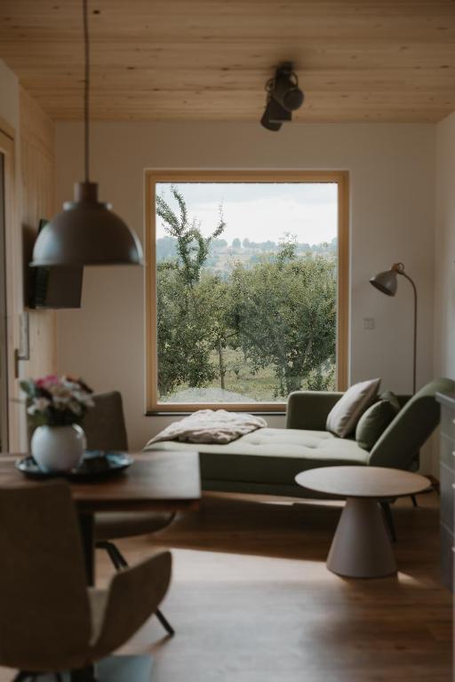 a living room with a couch and a large window at Natururlaub by Klotz TINY HAUS c in Überlingen