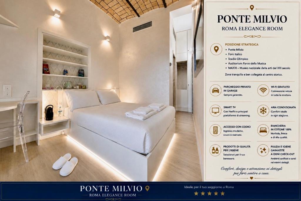a room with a white bed and a sign at Ponte Milvio Roma Elegance Room & Private Parking in Rome