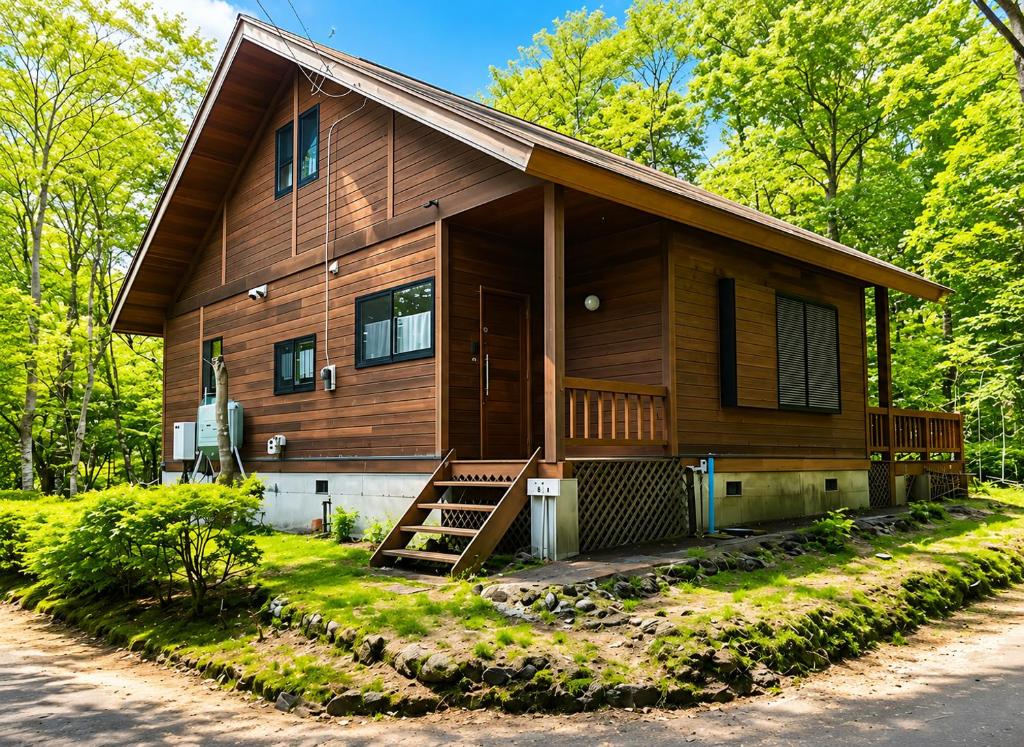 a large wooden house with a porch and a driveway at 北軽井沢 SPAHA Karuizawa Forest Resort Villa YB1 in Kita-karuizawa